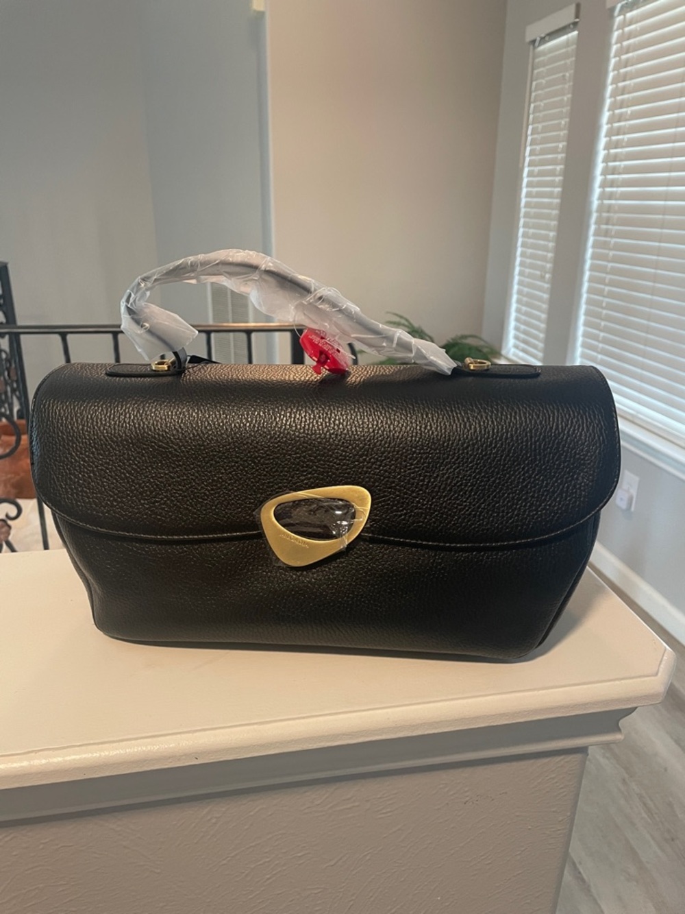 Arcadia Black Pebbled Leather East West Shoulder Bag with Gold Accent - Picture 6 of 8
